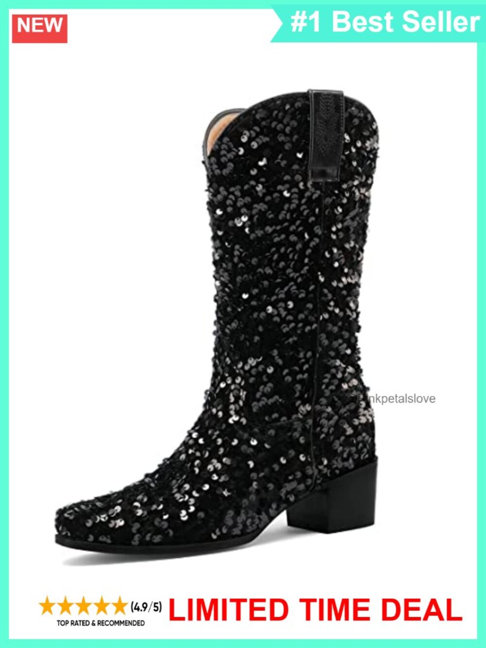 Sequin Glitter Mid Calf Cowboy Boots Chunky Heeled Western Wedding